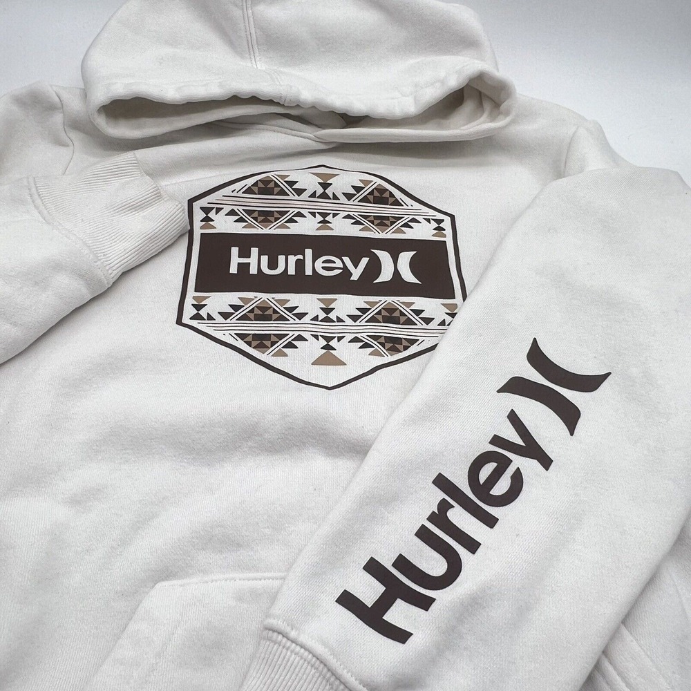 Hurley Youth Large‎ Long Sleeve Pullover Hoodie White Pocket Hexagon
